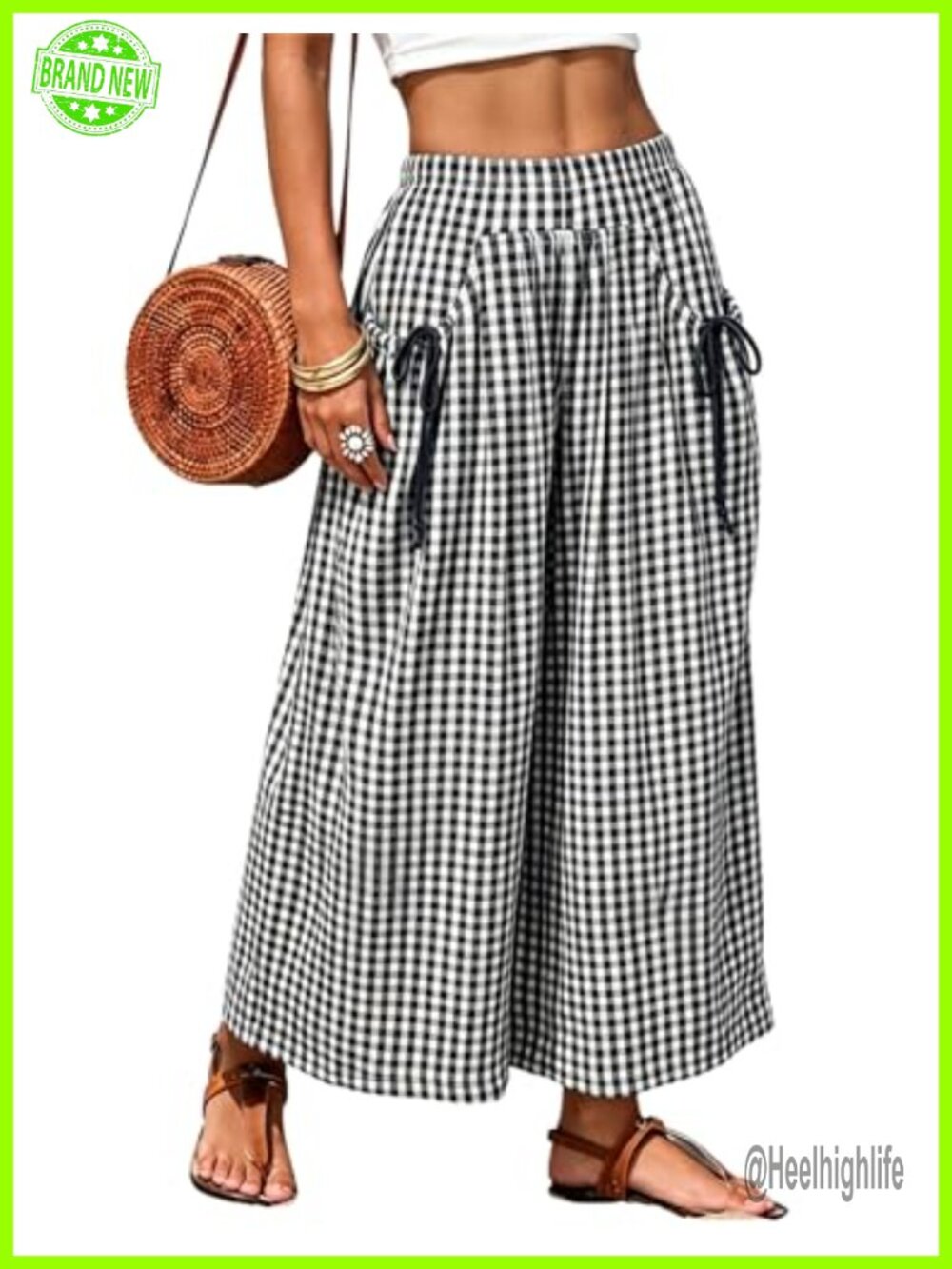 SeekMe Gingham Wide Leg Palazzo Pants Elastic Waist Summer Trousers